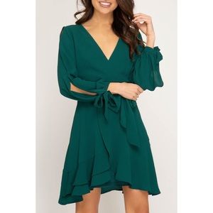 [She & Sky] Hunter Green Faux Wrap Ruffle Dress